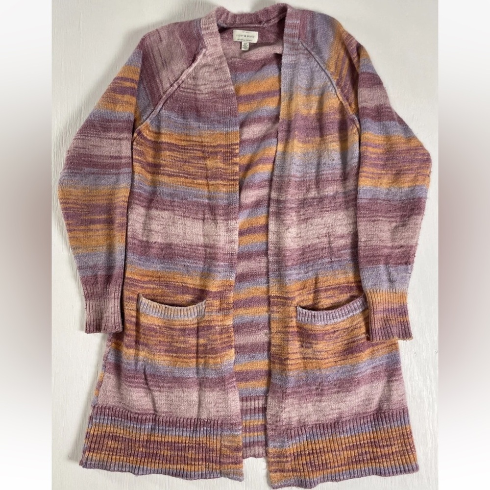 Lucky Brand Open Cardigan Duster Sweater Space Dye Stripe Pink Purple‎ Size S
